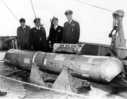 The recovered B28 hydrogen bomb on the deck of USS Petrel, April 1966
