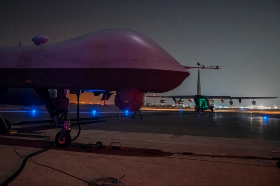 MQ-9 Reaper drone on the ground at a forward area refueling point