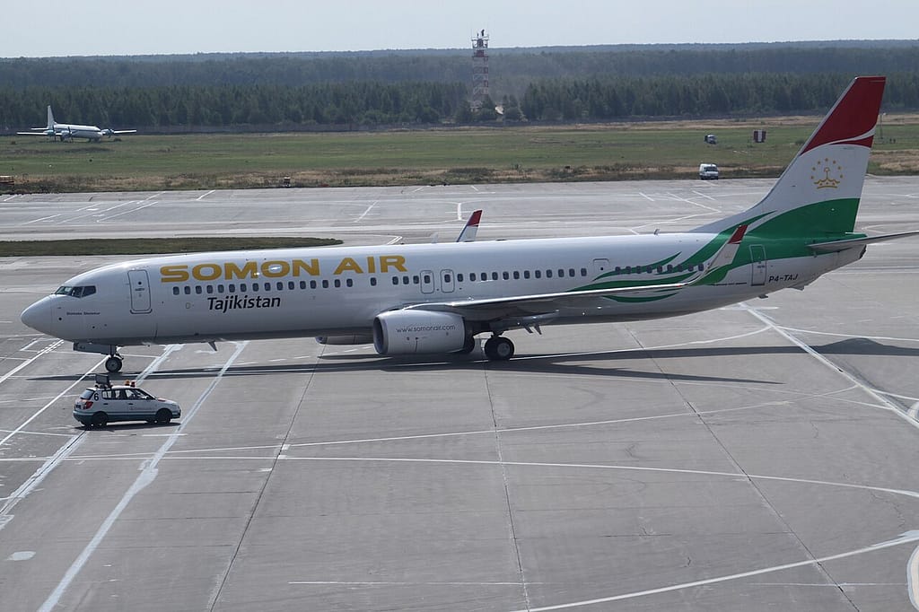 Somon Air Boeing 737 in the carrier&rsquo;s blue-and-white livery