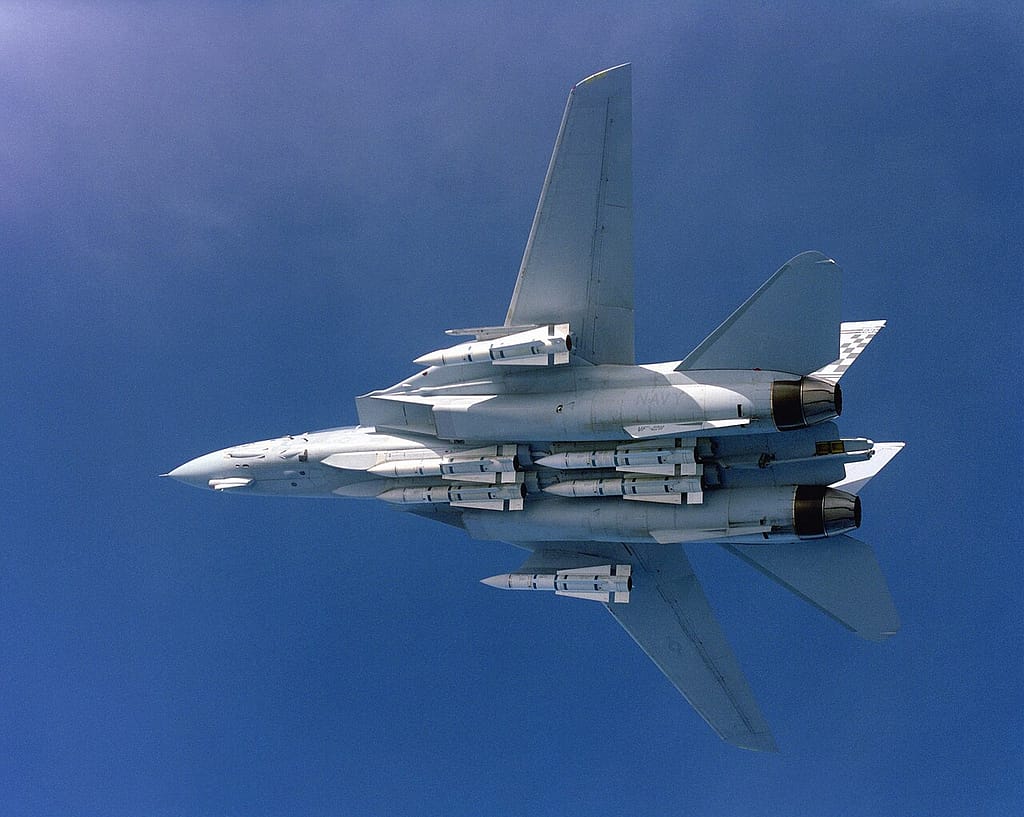 A Grumman F-14 Tomcat carrying a full load of AIM-54 Phoenix missiles