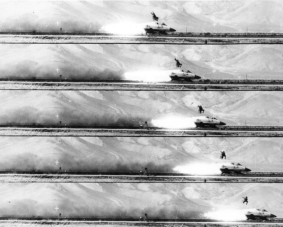 1956 ejection seat test from a Douglas F5D aircraft showing seat trajectory
