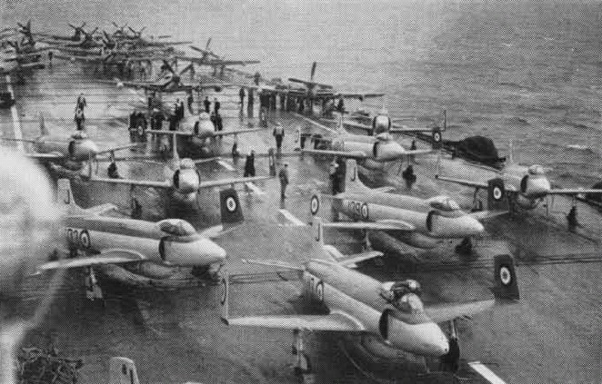 Supermarine Attackers on the flight deck of HMS Eagle, early 1950s. Photo: US Navy, public domain.