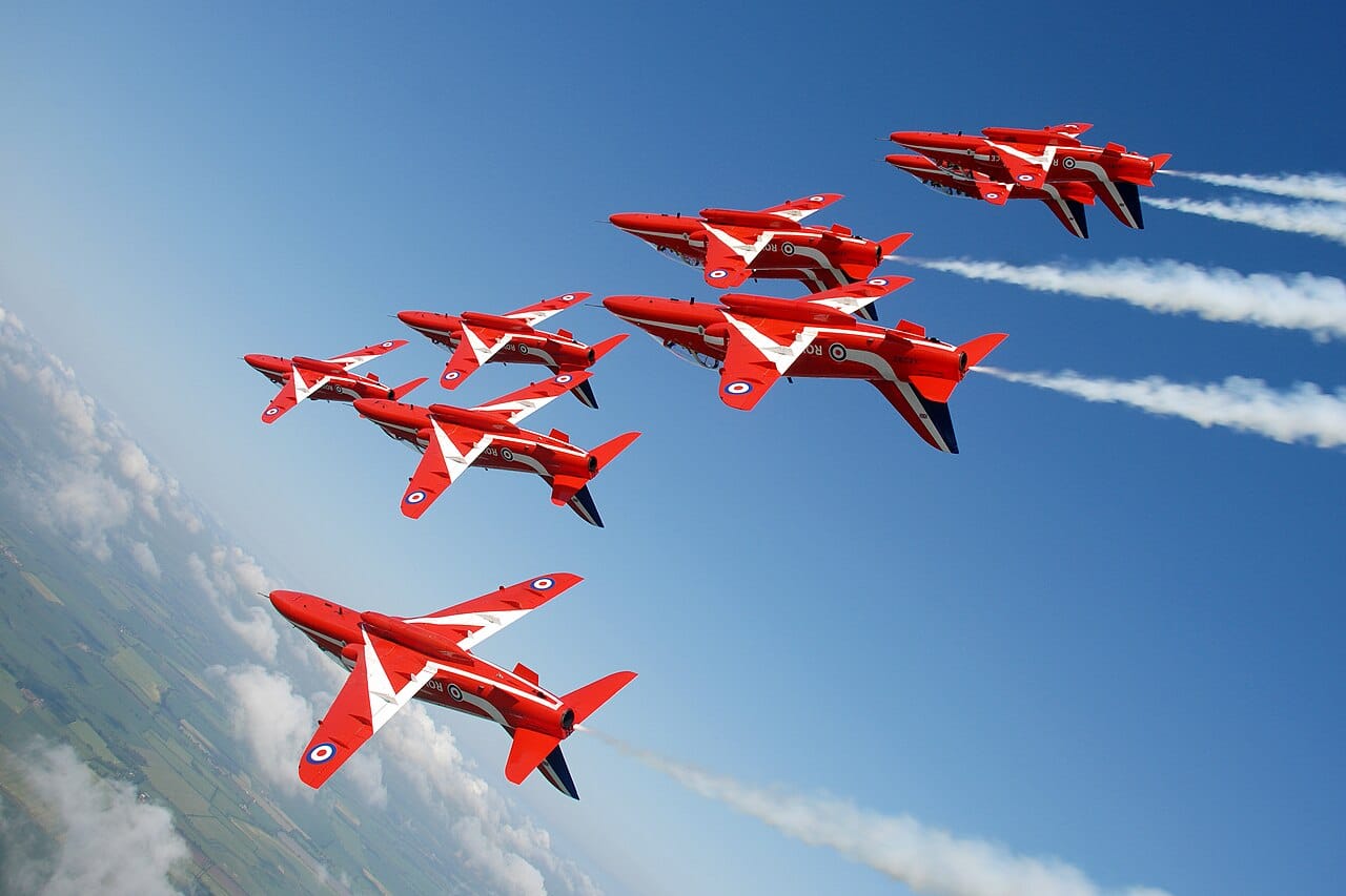 The Red Arrows inverted in tight formation