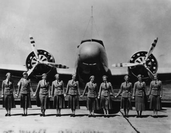 United Air Lines stewardesses in front of a Boeing 247 in 1933