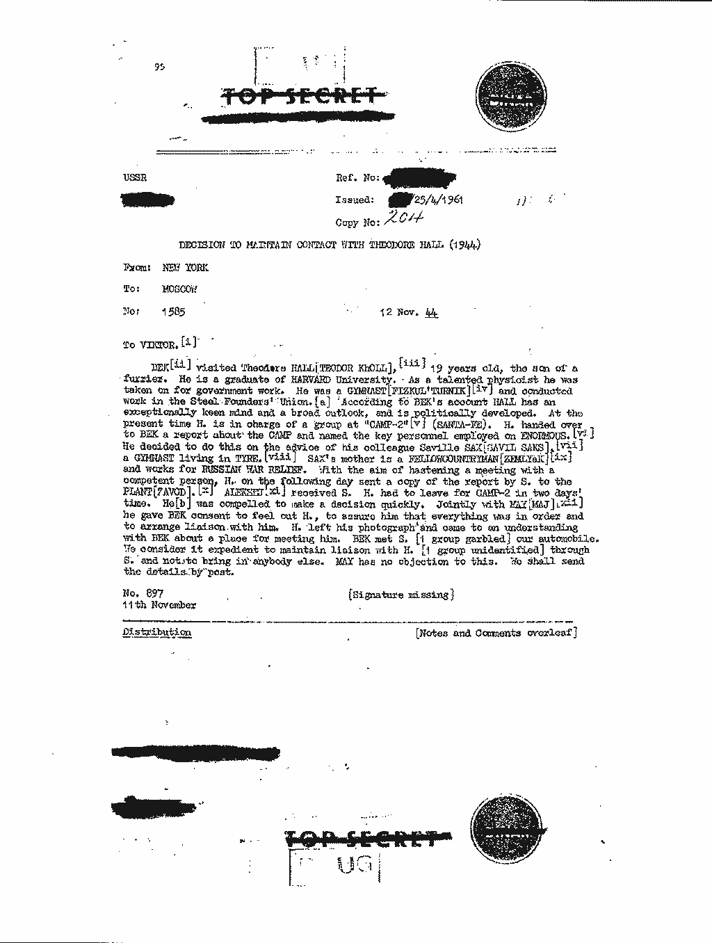 A declassified Venona decrypt discussing Theodore Hall