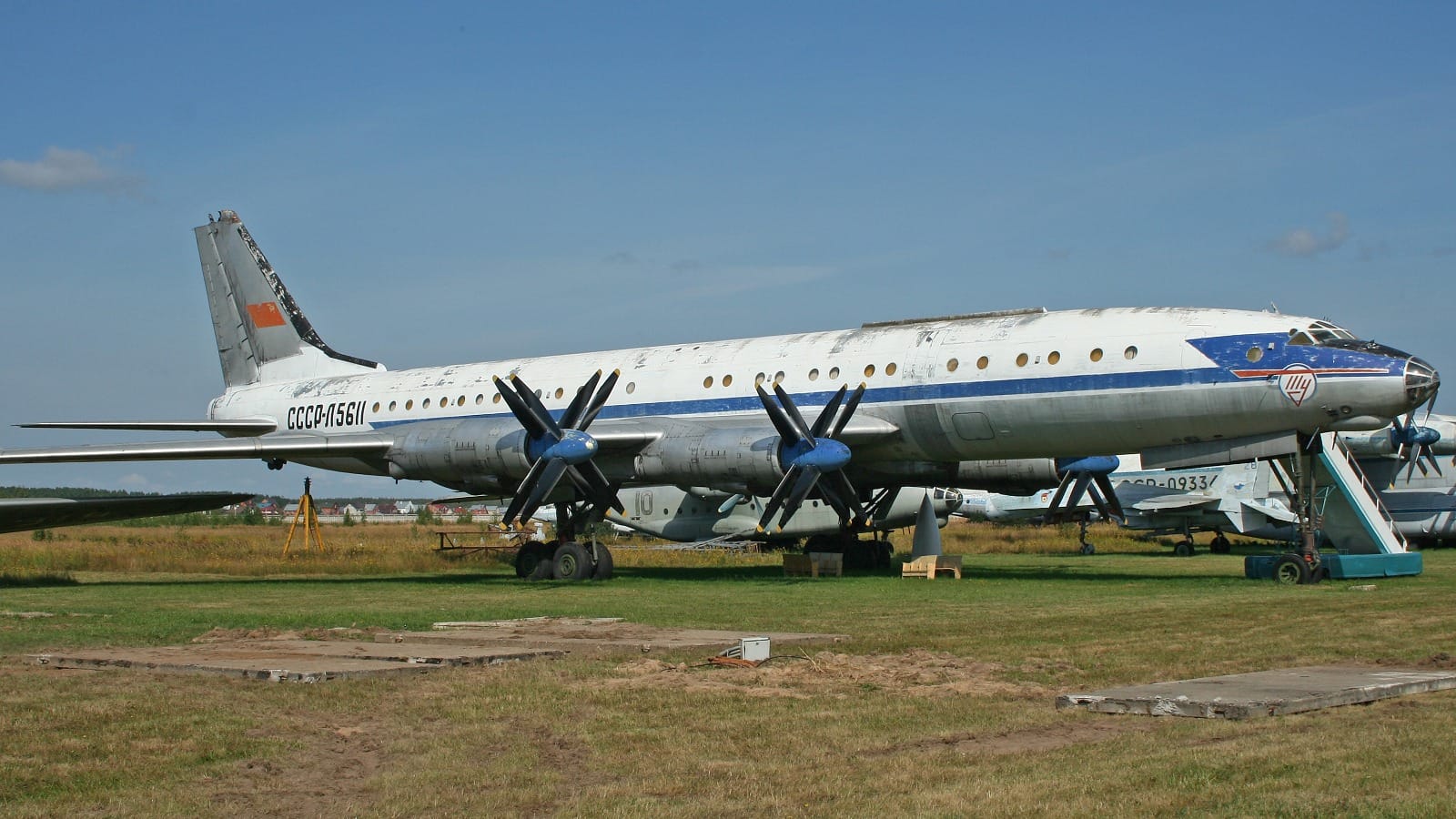 The Tupolev Tu-114 prototype CCCP-L5611, the aircraft that carried Khrushchev to the United States, preserved at the Central Air Force Museum, Monino