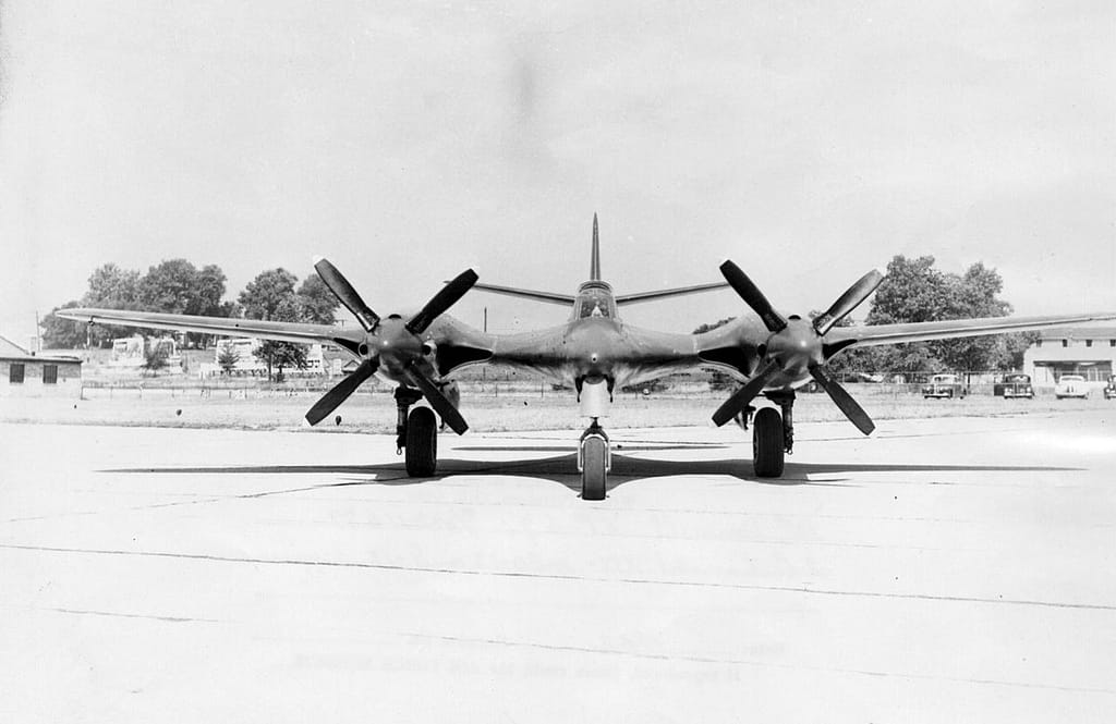Front view of the McDonnell XP-67 Moonbat showing its blended shape