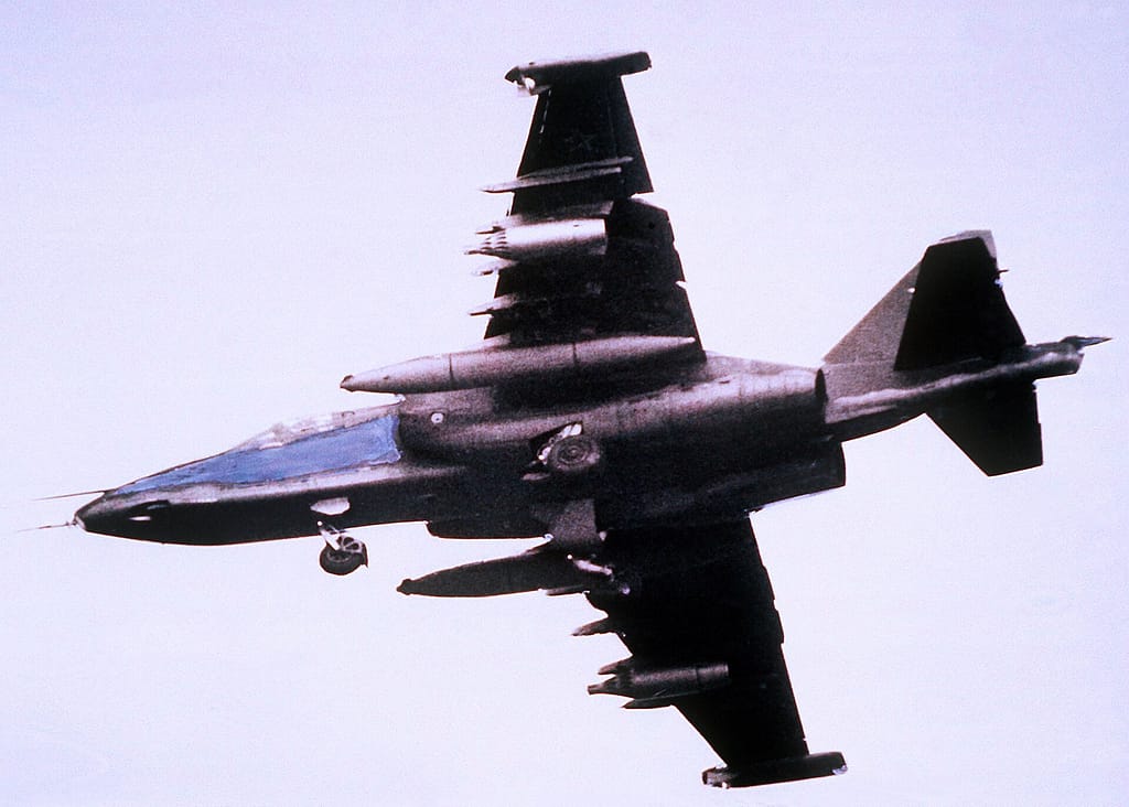 Underside view of a Soviet Sukhoi Su-25 Frogfoot attack aircraft in flight
