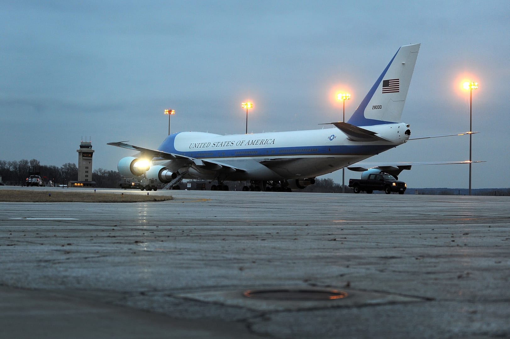 VC-25A Air Force One on the ramp VC-25A Air Force One parked on the ramp at dusk