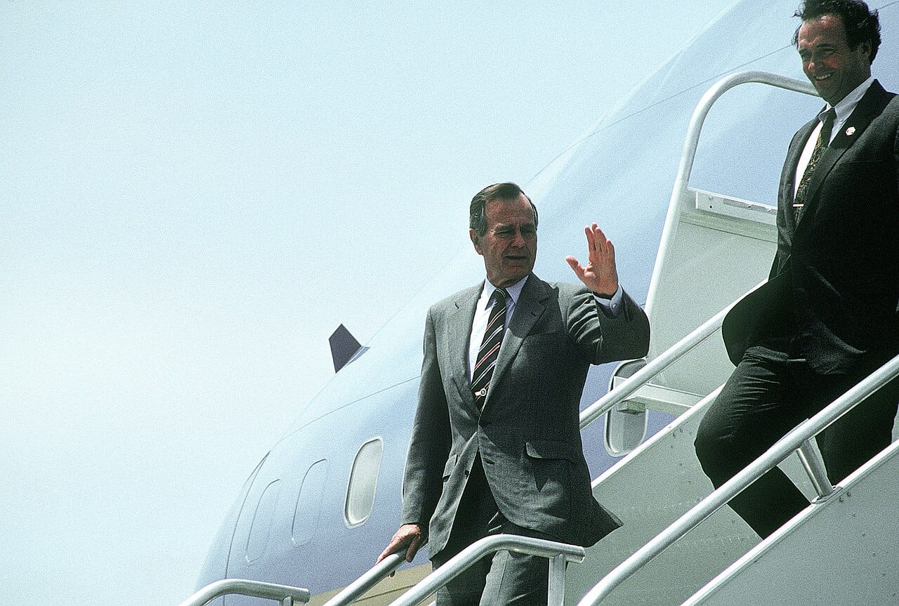 President George H. W. Bush on the Air Force One stairs
