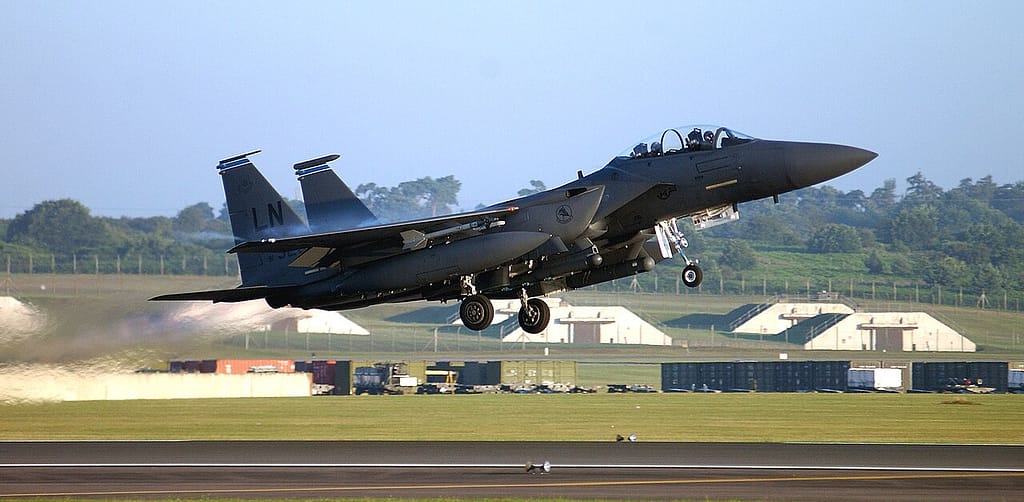 An F-15E Strike Eagle of the 494th Fighter Squadron