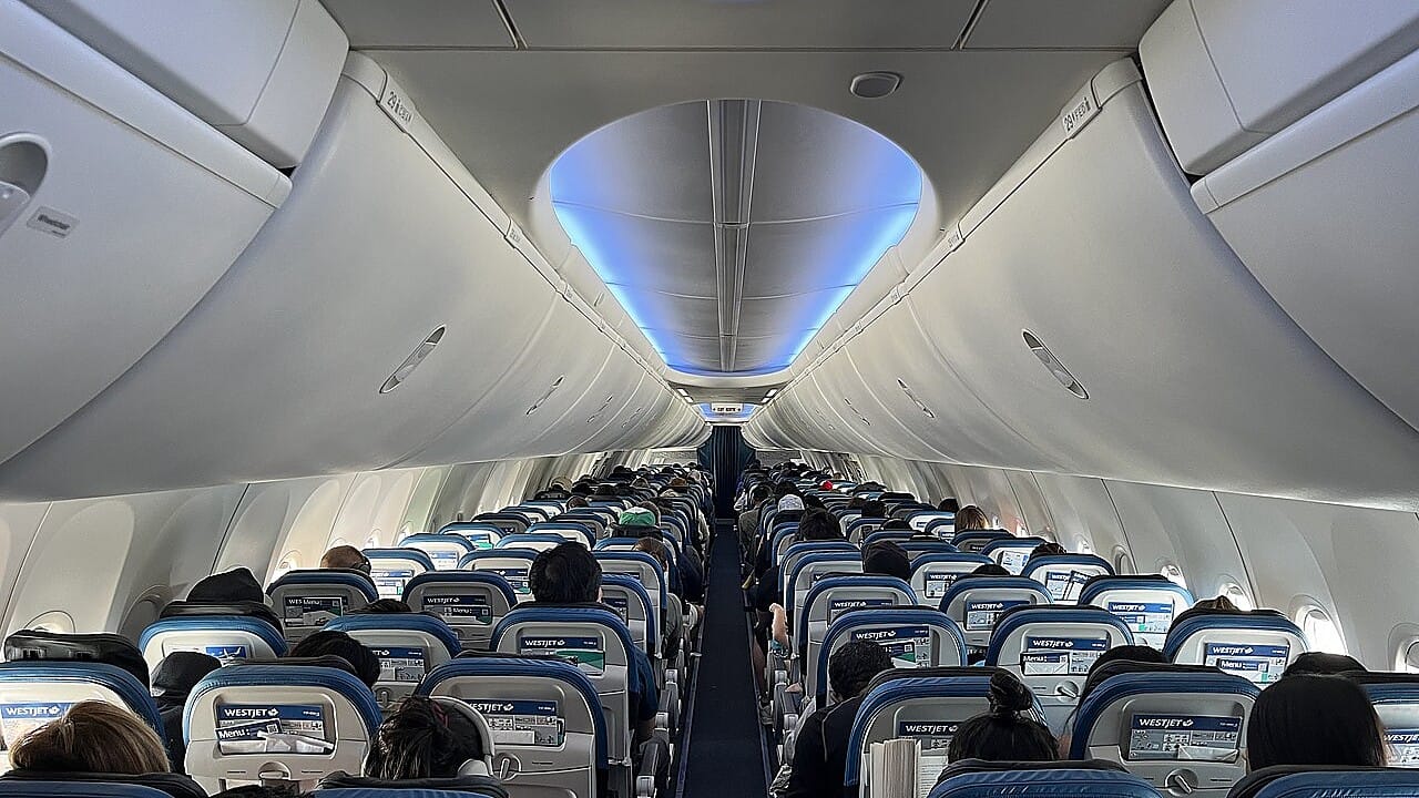 The cabin of a WestJet Boeing 737 MAX 8