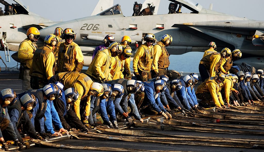 Flight deck operations aboard a Nimitz-class aircraft carrier