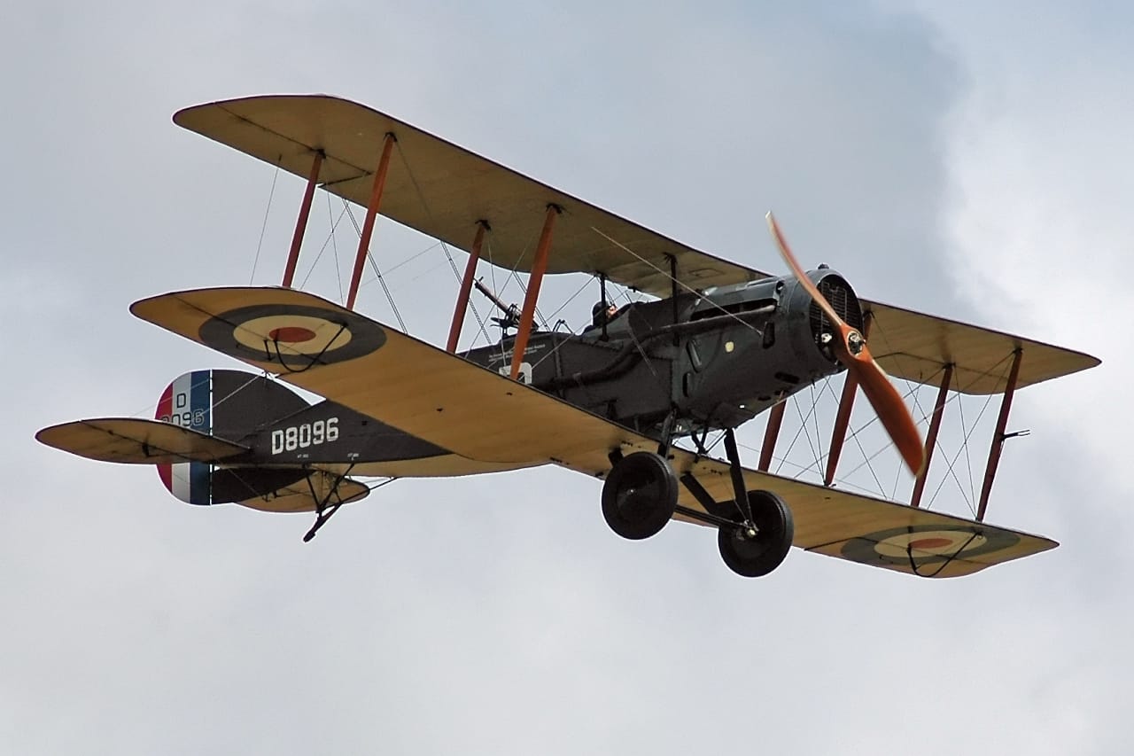 Bristol F.2B fighter in flight, WWI Bristol F.2B two-seat fighter biplane in flight during World War I