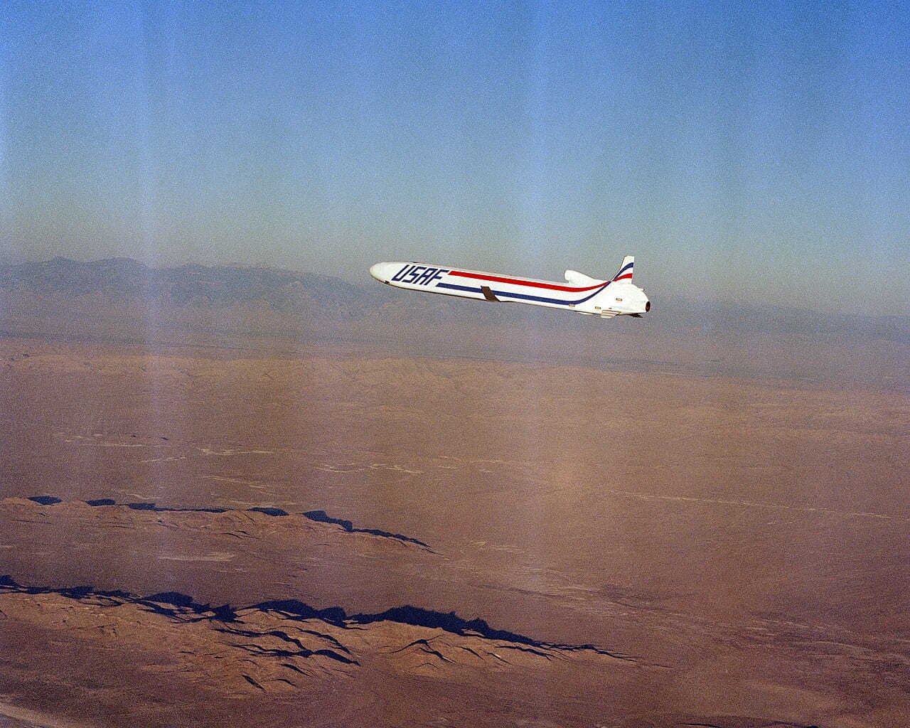 AGM-86 ALCM air-launched cruise missile in flight after release from a B-52 Stratofortress