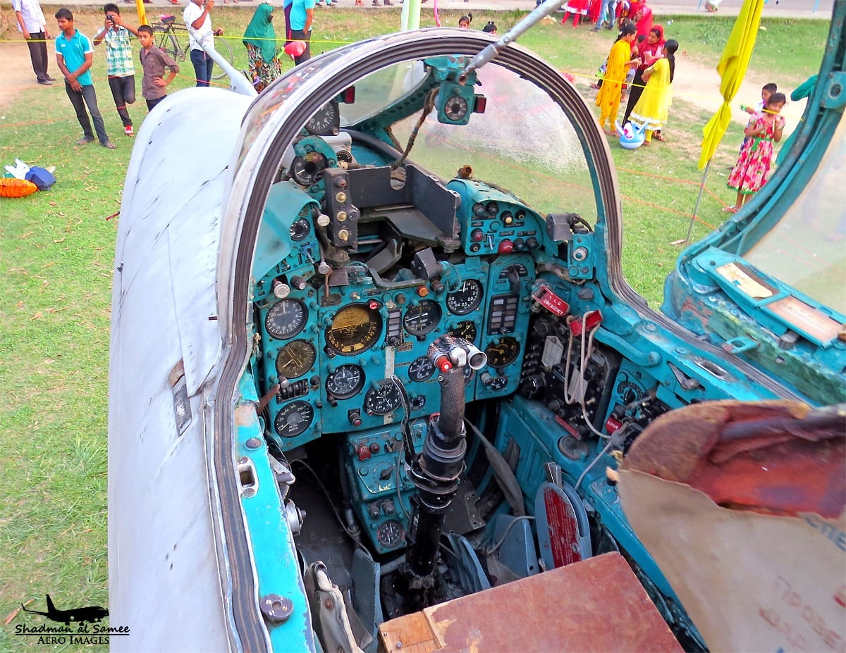 Bangladesh Air Force MiG-21UM cockpit in natural daylight showing vivid turquoise green interior